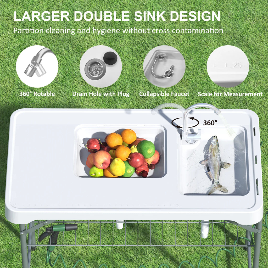 Folding Fish Cleaning Table with Sink, Portable Camping Sink Table, Outdoor Fillet Table for Picnic, Beach & Patio, White