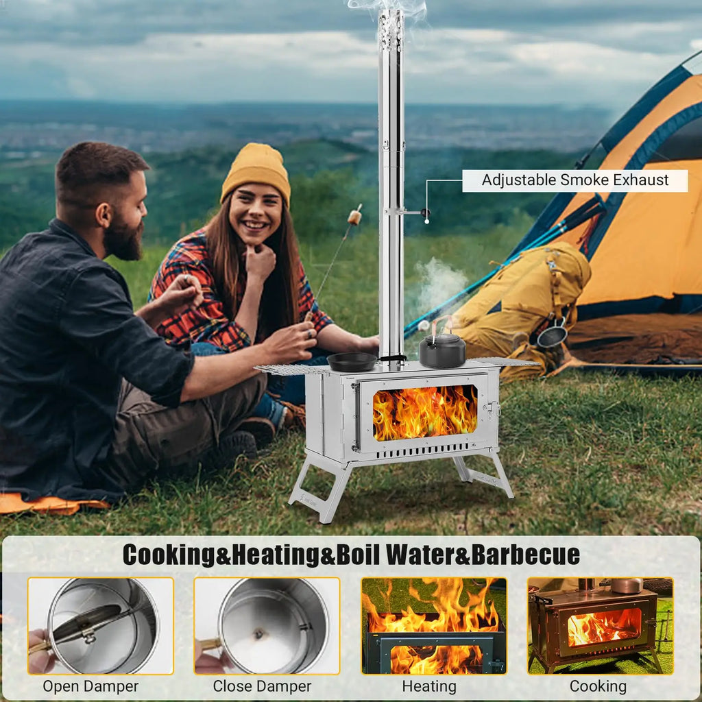 Portable Hot Tent Stove, Wood Burning Stove for Camping, Tent Stove With View Glass, Large Stainless Steel Camping Stove