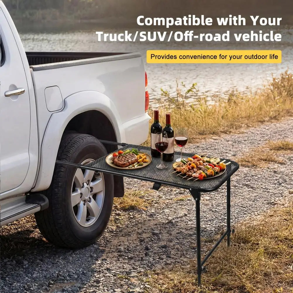 Tire Mount Camping Desk Adjustable Steel Folding Table for Tailgate Picnic Outdoor No Tool Installation Fits Car SUV Tire