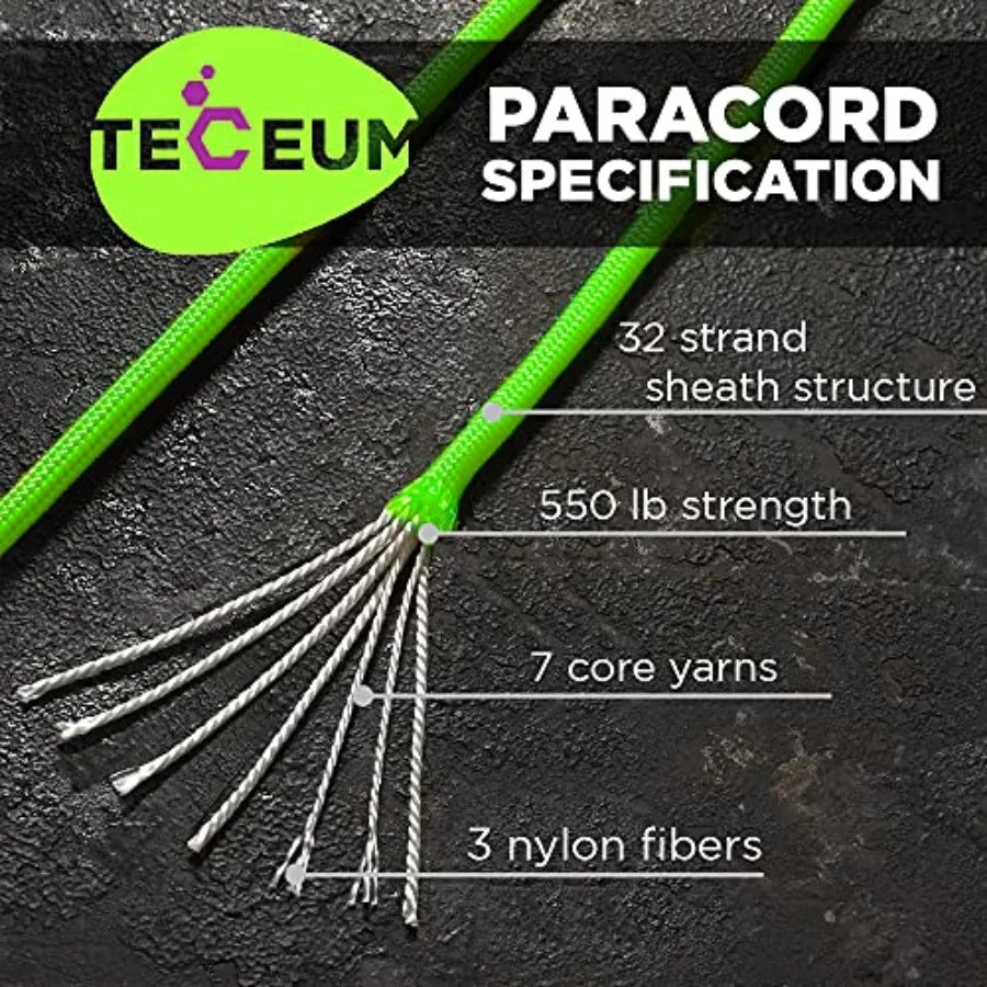Paracord Type III 550 Neon Green 50 ft 4mm Tactical Rope MIL-SPEC Outdoor para Cord Camping Hiking Fishing Gear