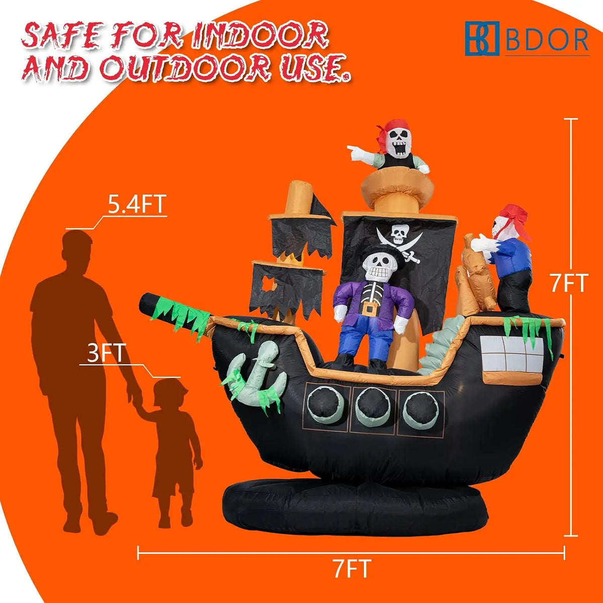 Outdoor Halloween Inflatable Pirate Ship Decor with Skeletons & Ghosts, 7FT Tall, Built-in LED Lights, Waterproof, Includes Fan, Weight Bag, Stakes & Strings
