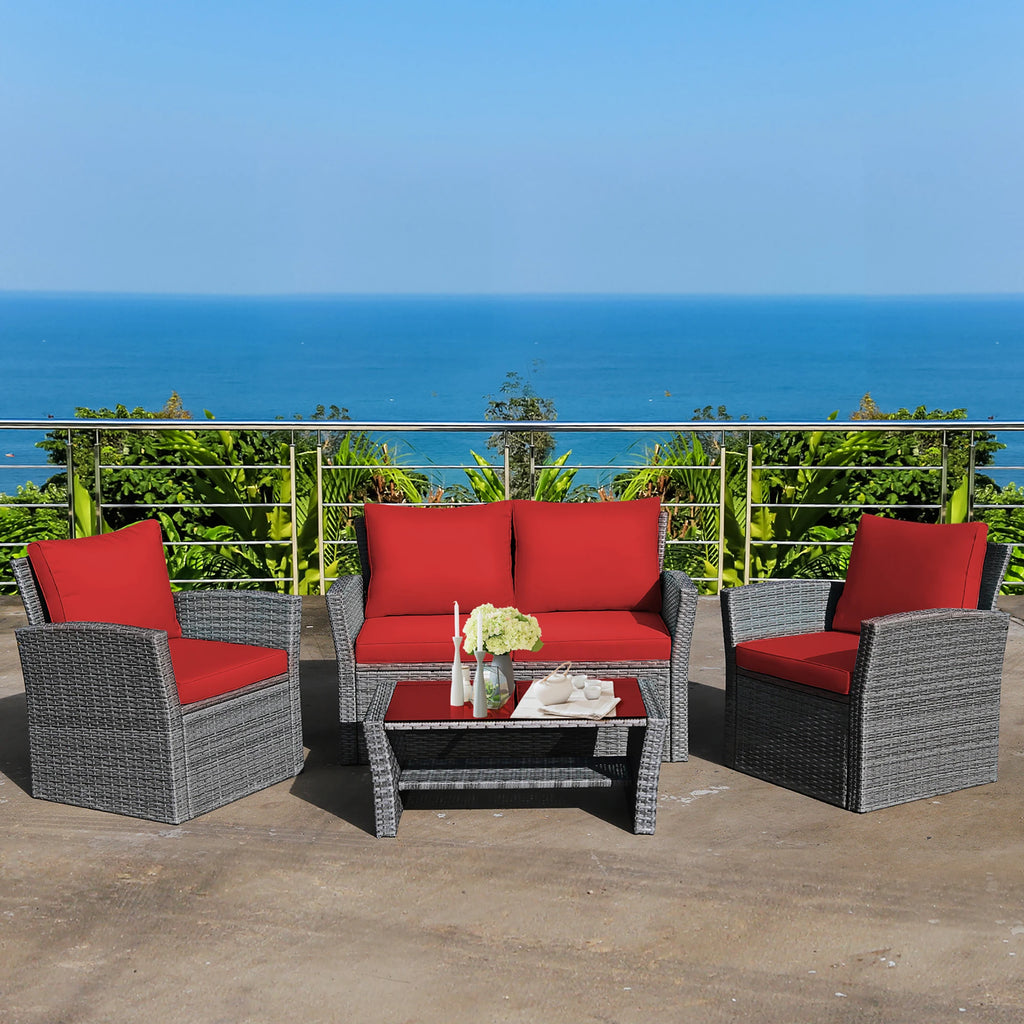 4PCS Patio Rattan Furniture Set Sofa Table Red Cushion