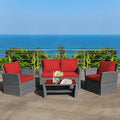 4PCS Patio Rattan Furniture Set Sofa Table Red Cushion