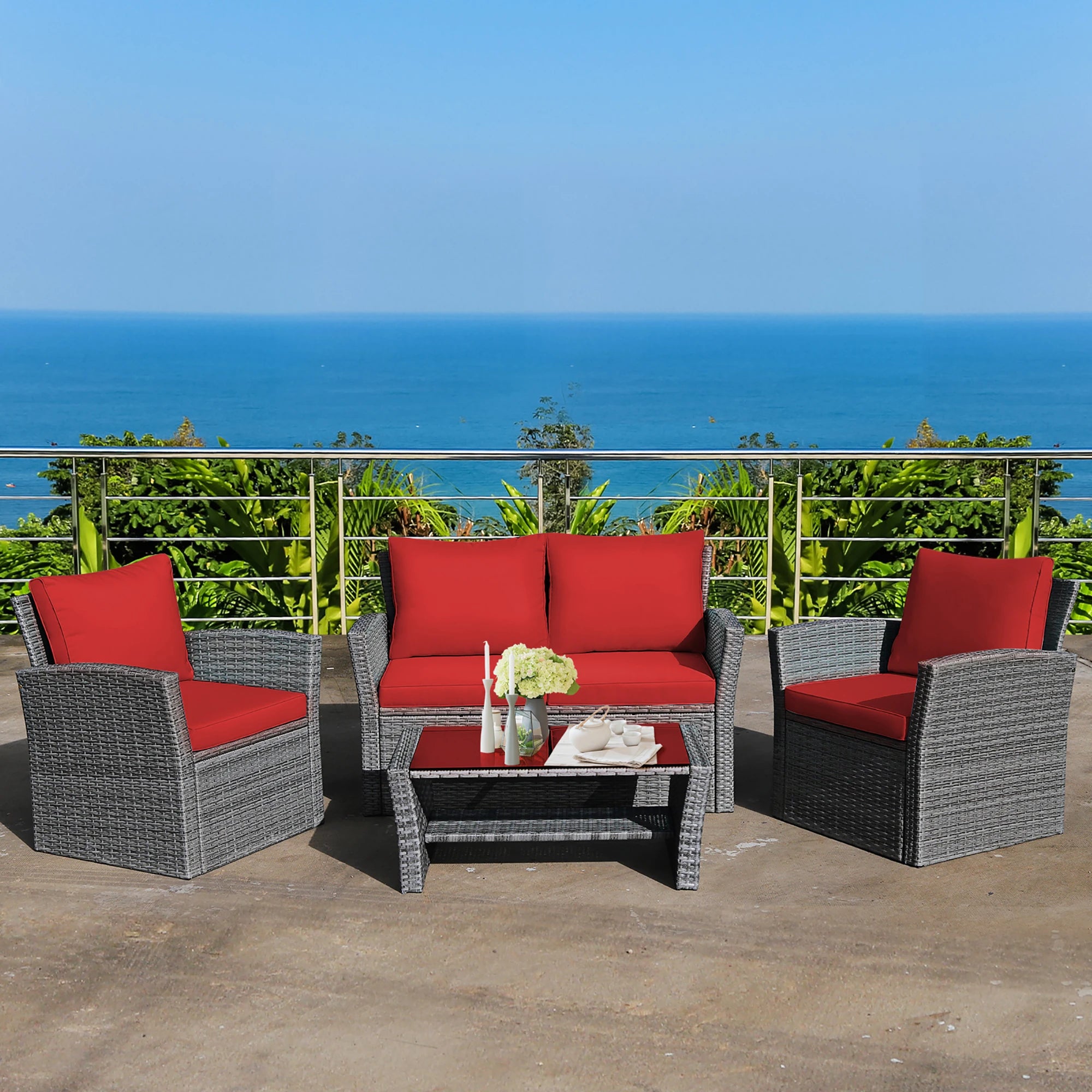4PCS Patio Rattan Furniture Set Sofa Table Red Cushion