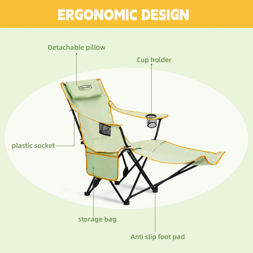 2-in-1 Reclining Camping Chair with Footrest, Foldable Outdoor Lounge Chair with Cup Holder