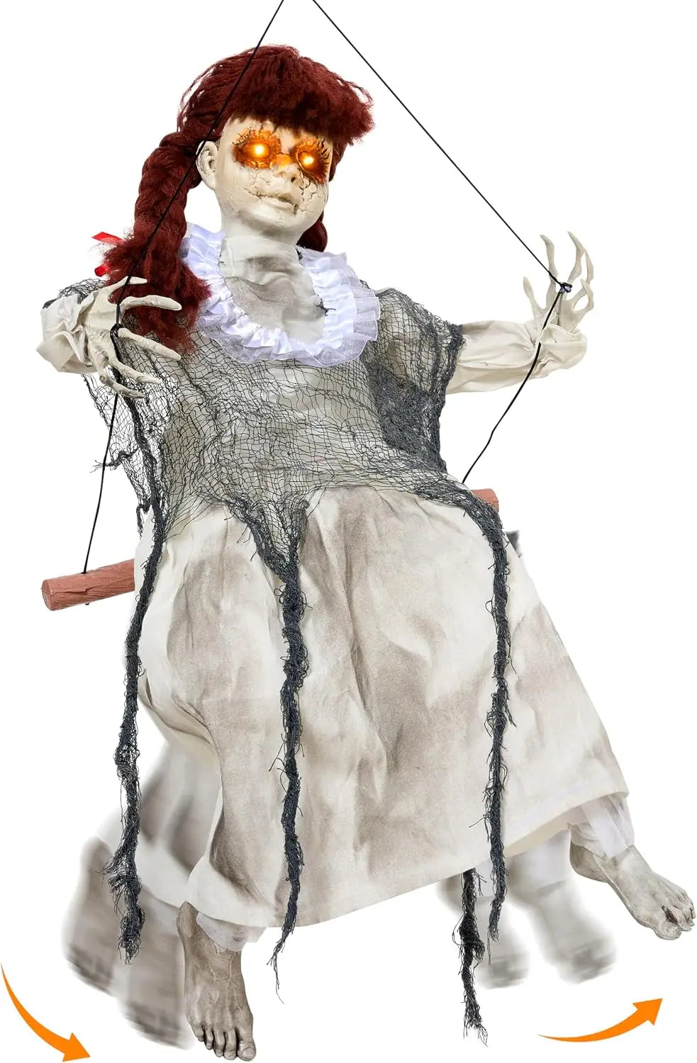 Hanging Scary Swing Girl Halloween Decorations Outdoor Swinging White Doll with Creepy Sound and Light Up Eyes