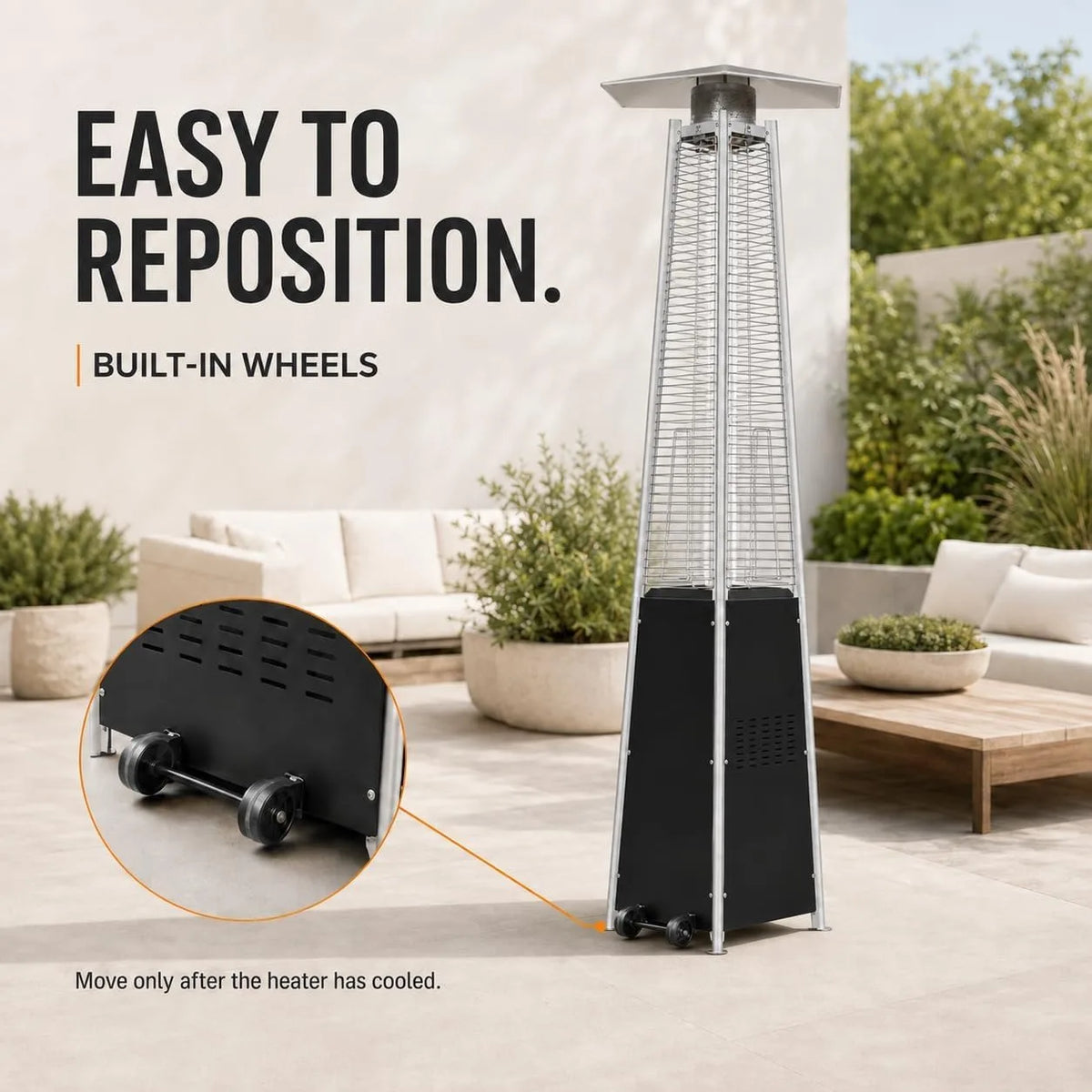 Pyramid Propane Patio Heater with Glass Tube Flame with Wheels Adjustable Heat Control Standing Heater for Patio Deck Garden Poolside Outdoor Dining