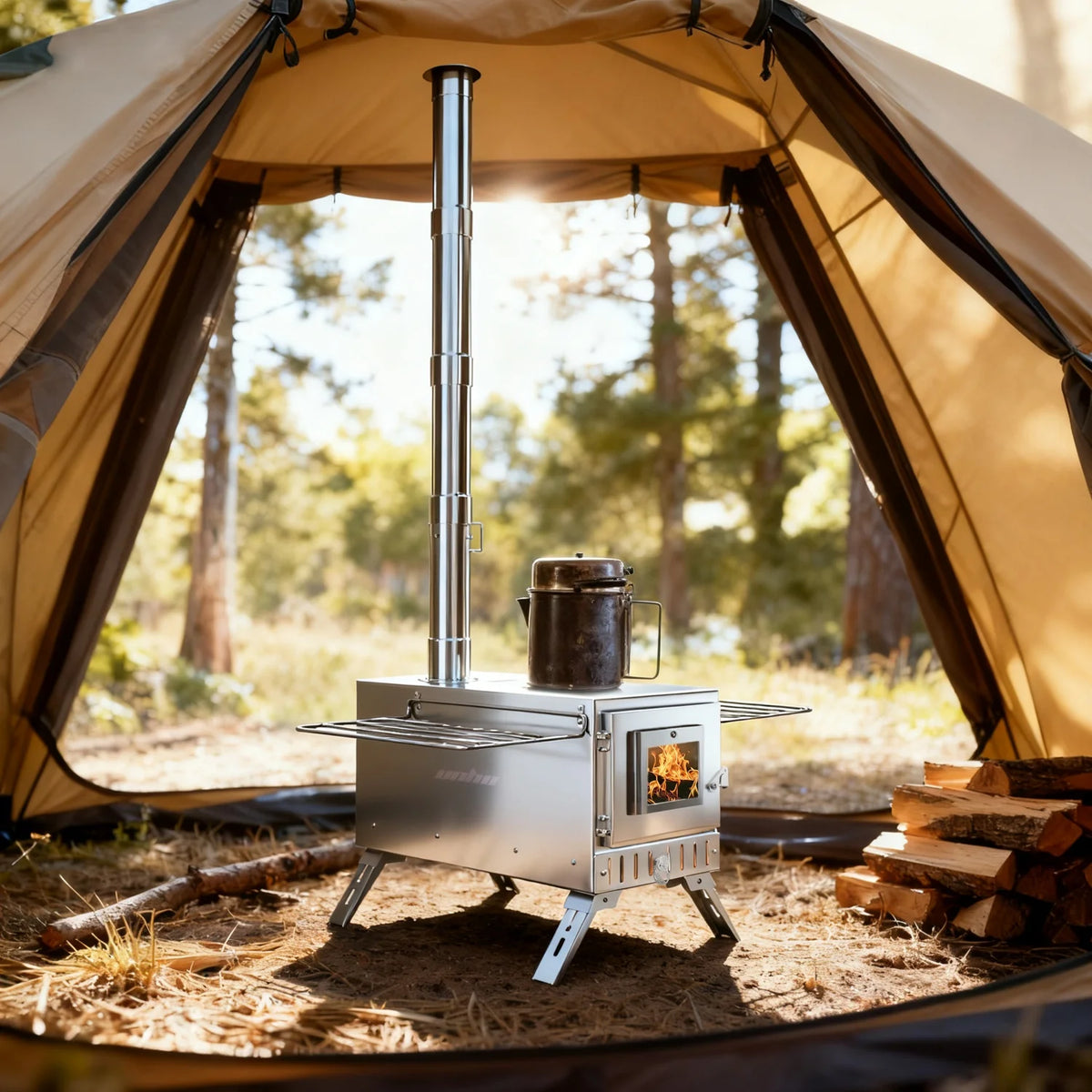 Portable Camping Tent Wood Stove for Outdoor Heating Stainless Steel Stove with 7 Chimney Pipes