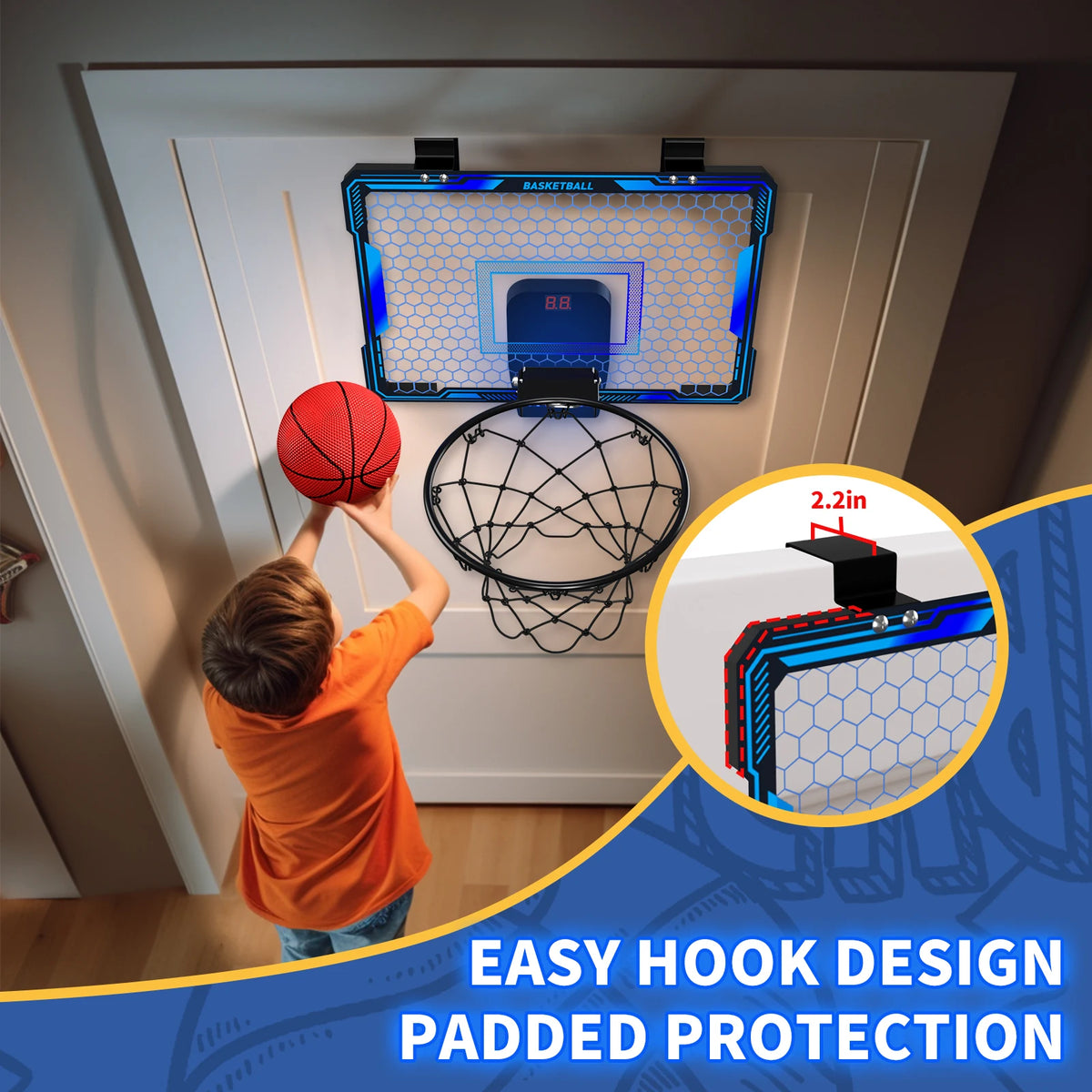 Basketball Hoop Wall-mounted Indoor/Outdoor Training Home Kids Basketball Toy, with 7 LED Lights Scoreboard