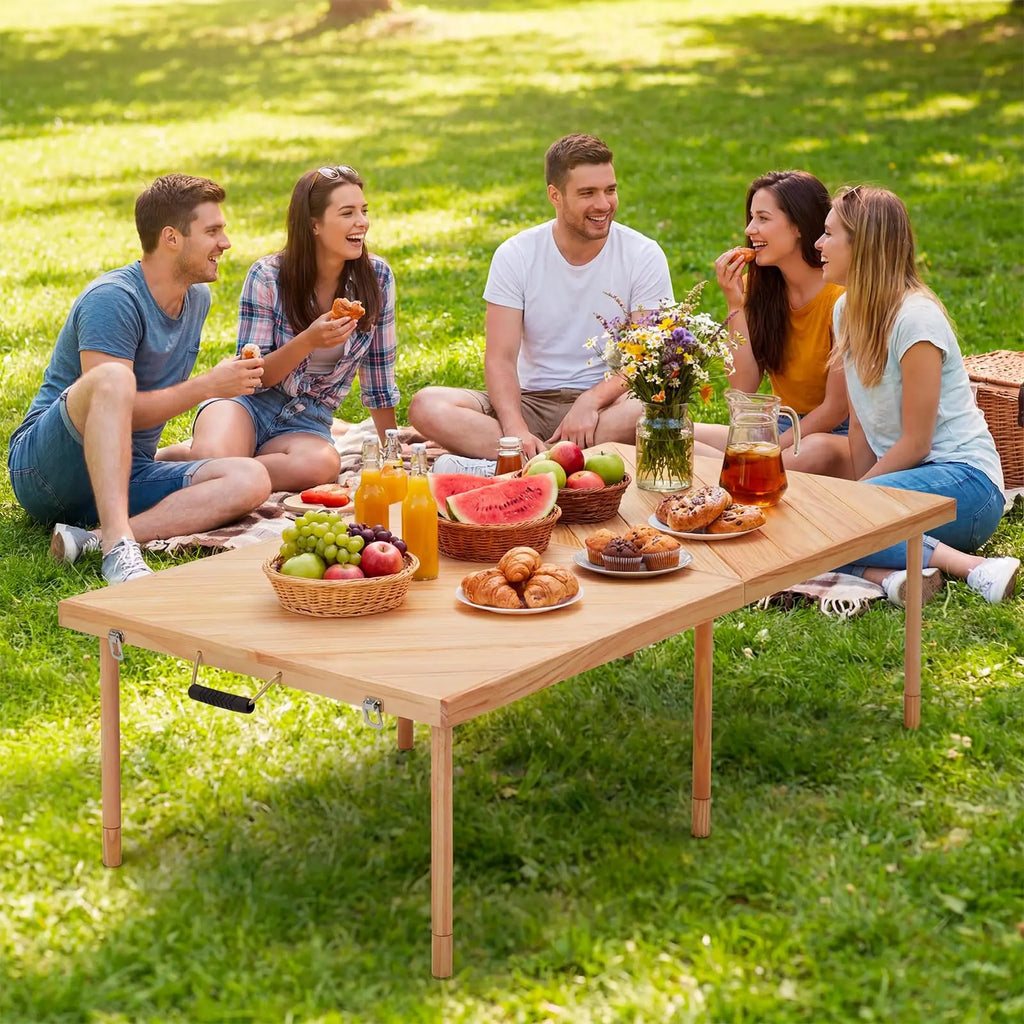 44/60in Solid Wood Folding Picnic Table, Adjustable Height Portable Low Table With Carry Handle, Compact Outdoor Camping