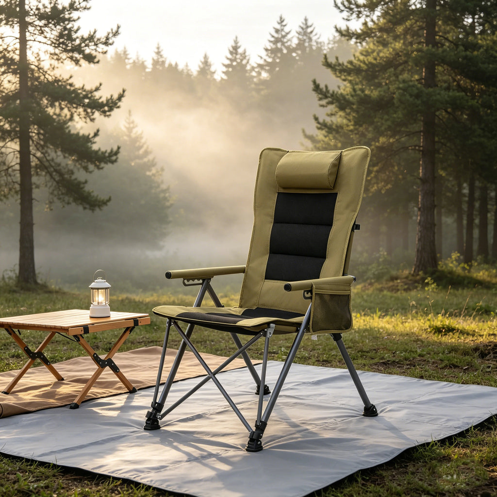 5-Position Adjustable Reclining Camping Chair, Heavy Duty Steel Frame Portable Outdoor Lounge Chair with Side Pocket & Carry Bag