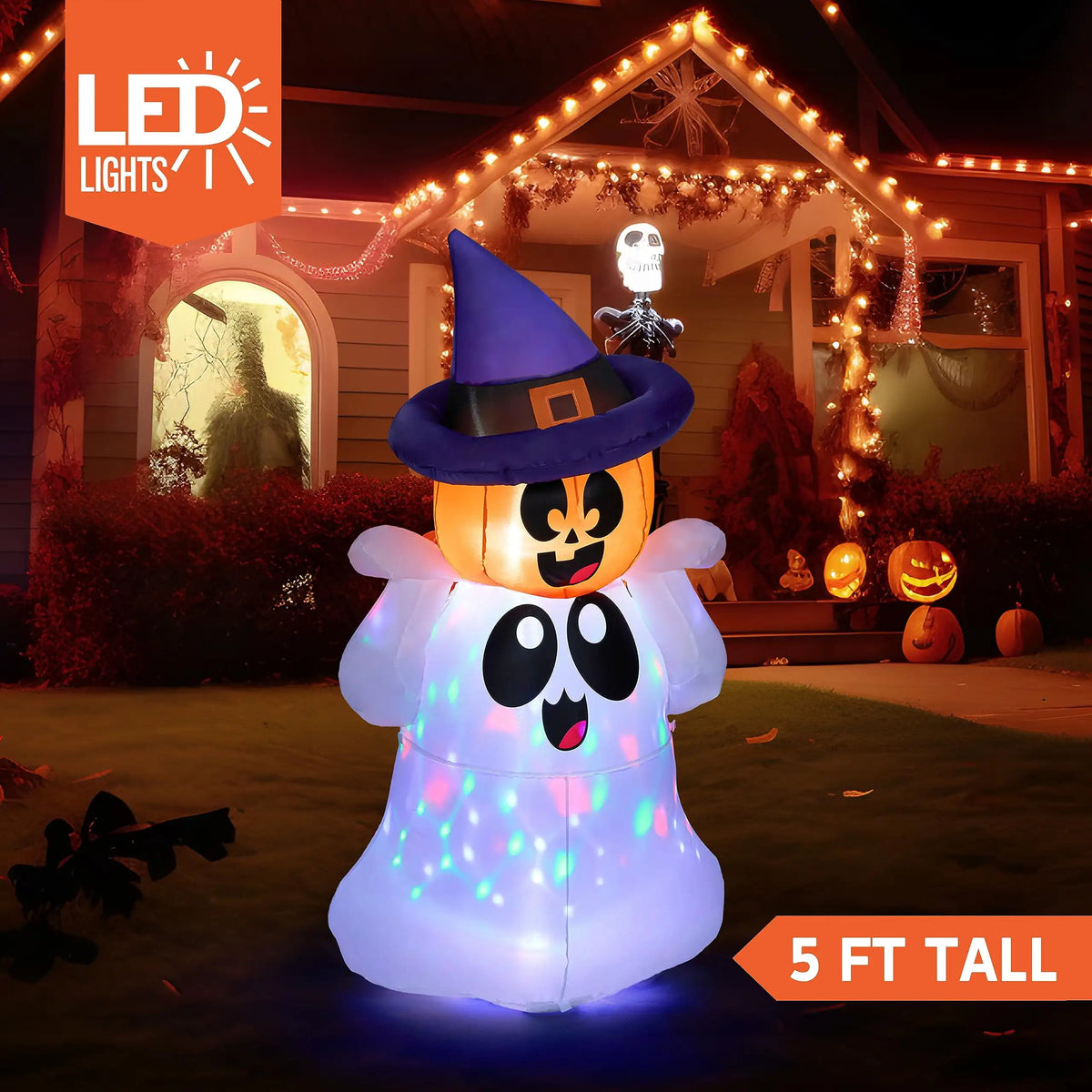 5 FT Tall Pumpkin Ghost Halloween Inflatable with Colorful LED Lights for Halloween Indoor Outdoor Holiday Yard Decoration
