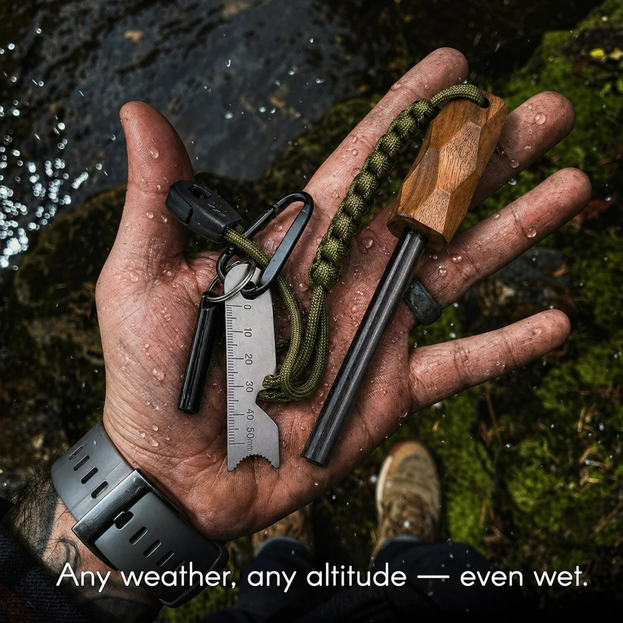 4-piece set, wooden handle magnesium ignition stick, multifunctional scraper, hanging rope whistle, waterproof and durable, emergency ignition