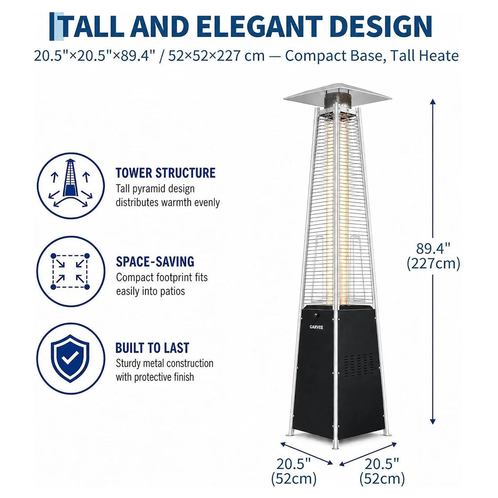Pyramid Propane Patio Heater with Glass Tube Flame with Wheels Adjustable Heat Control Standing Heater for Patio Deck Garden Poolside Outdoor Dining