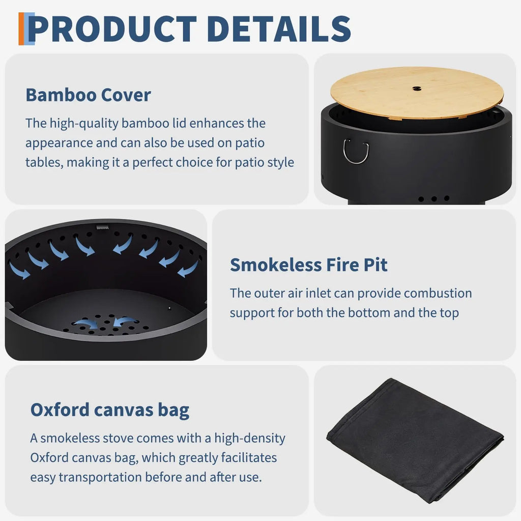 30 Inch Smokeless Fire Pit Table With Bamboo Lid, Removable Ash Pan And Carry Bag, Carbon Steel Outdoor Firepit For Patio Camping