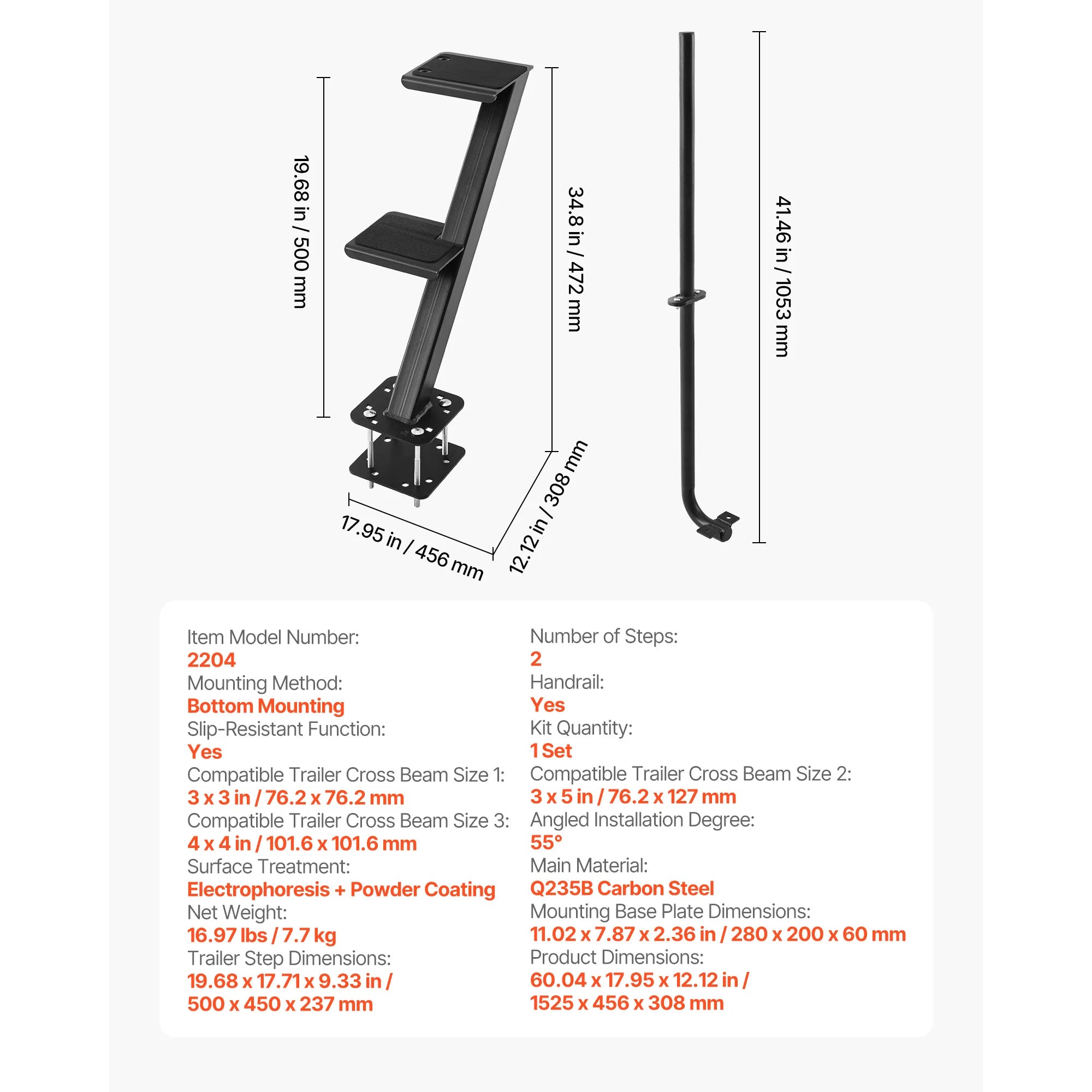 Boat Trailer Steps 2-Step/3-Step/4-Step with Non-Slip Surface 3 Mounting Angle Options