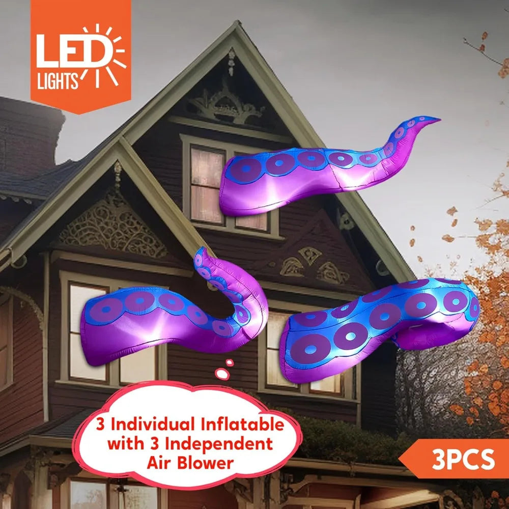 3 Pcs Octopus Tentacle Halloween Inflatables Outdoor Window Decorations Build-in LEDs Halloween Front Door Window Roof Prop