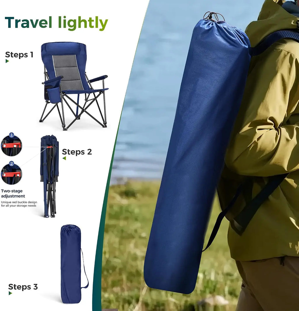 Oversized Folding Camping Chair High Back Heavy Duty 500 LBS Capacity with Cup Holder Side Pocket Portable
