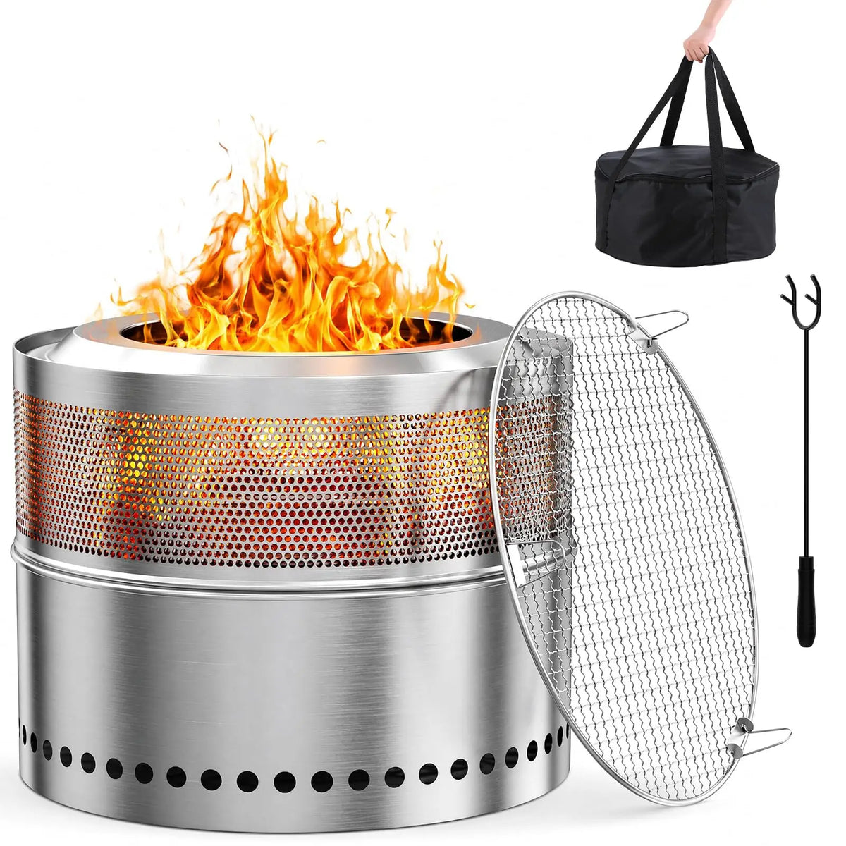 Stainless Steel Fire Pit 50cm, Smokeless Fire Bowl with Grill Grate, Storage Bag, Removable Ash Pan Portable Fire Pit for Garden
