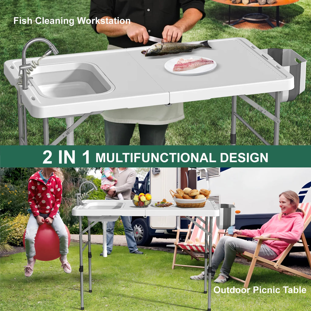 49.8"Folding Fish Cleaning Table with Sink, Portable Camping Sink Station with Faucet, Sprayer, Gloves & Storage Bin, Outdoor Fillet Table for Picnic Beach Patio