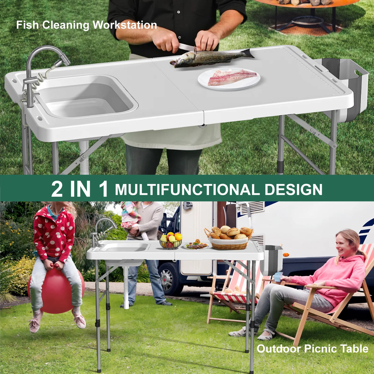 49.8"Folding Fish Cleaning Table with Sink, Portable Camping Sink Station with Faucet, Sprayer, Gloves & Storage Bin, Outdoor Fillet Table for Picnic Beach Patio