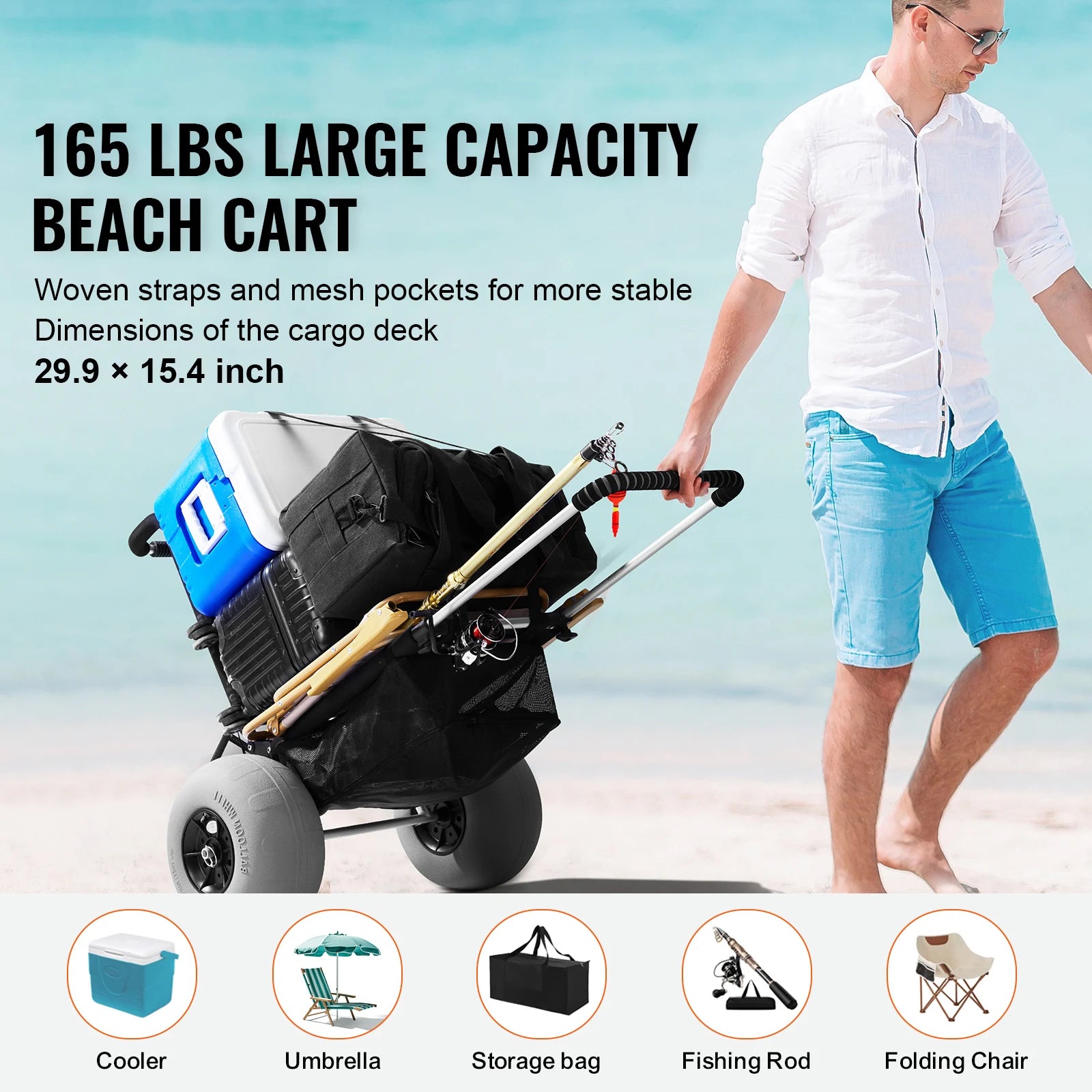 Beach Dolly with Big Wheels for Sand 165LBS Loading Capacity Folding Cargo Deck
