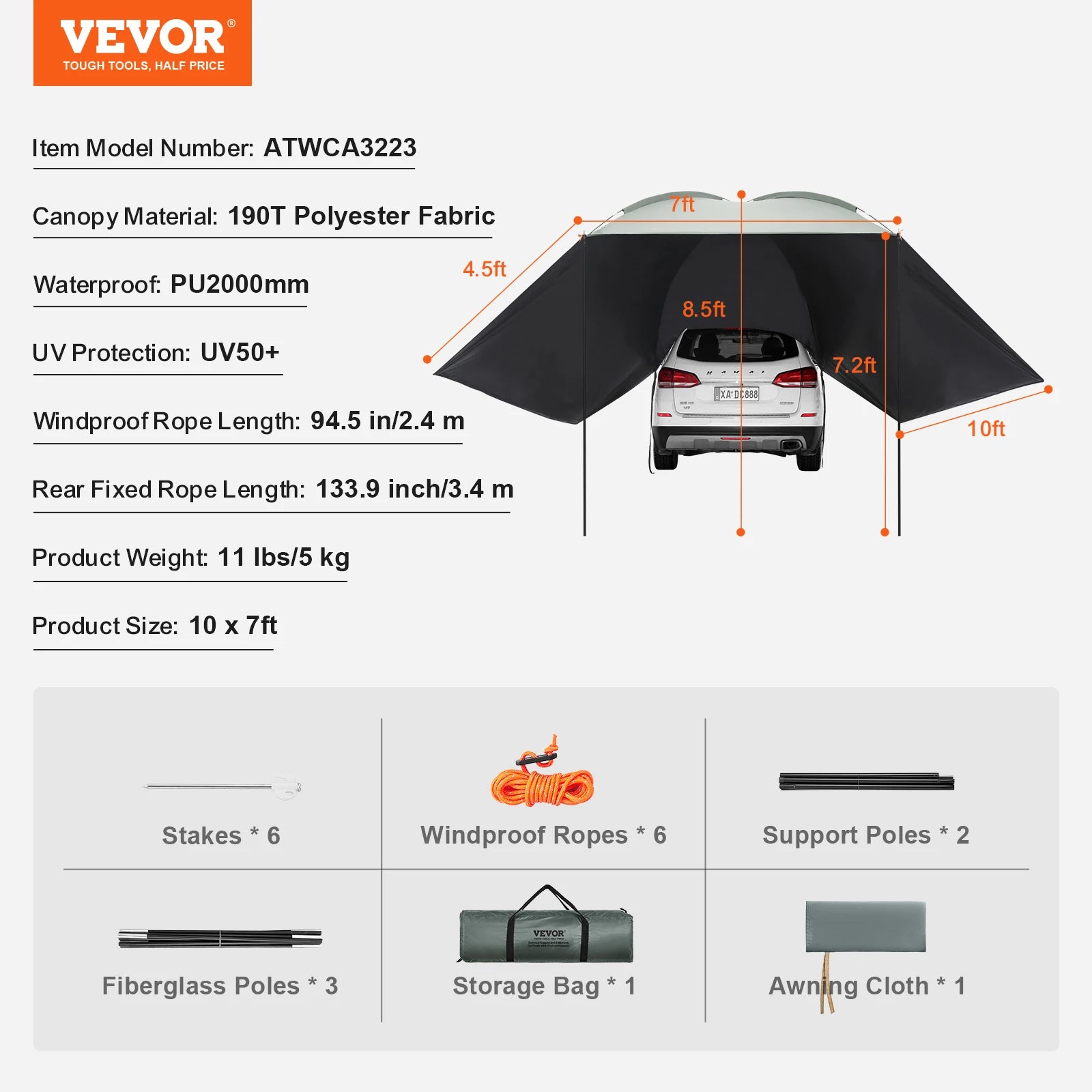 Vehicle Awning  Retractable Car Side Awning Suitable for Truck SUV Van
