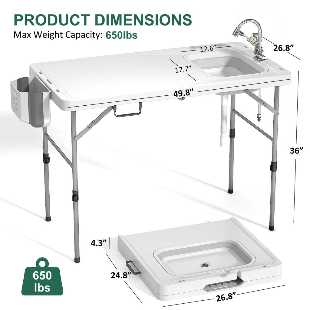 49.8"Folding Fish Cleaning Table with Sink, Portable Camping Sink Station with Faucet, Sprayer, Gloves & Storage Bin, Outdoor Fillet Table for Picnic Beach Patio