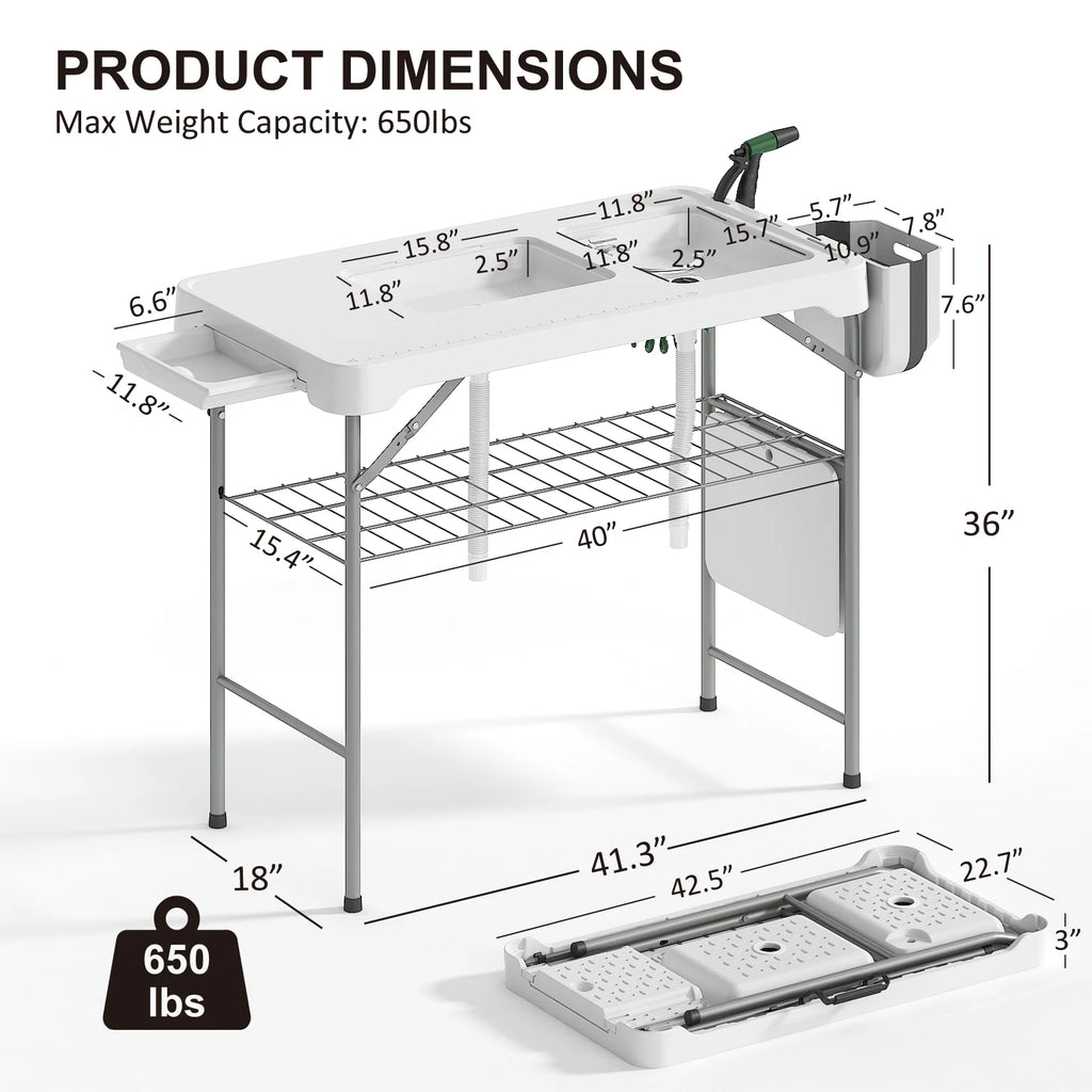Folding Fish Cleaning Table with Sink, Portable Camping Sink Table, Outdoor Fillet Table for Picnic, Beach & Patio, White