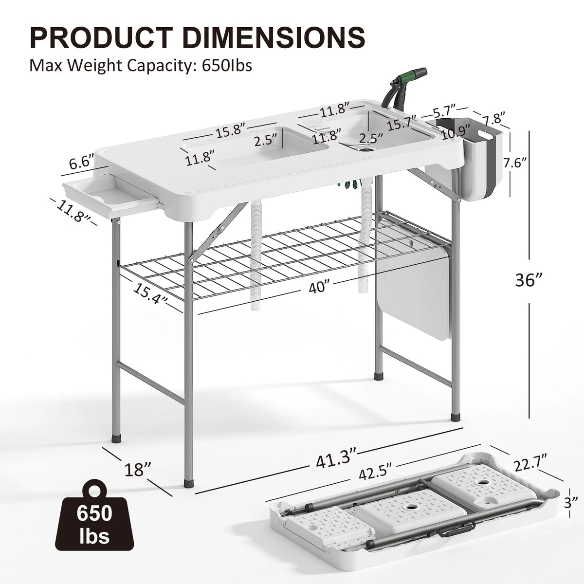 Folding Fish Cleaning Table with Sink, Portable Camping Sink Table, Outdoor Fillet Table for Picnic, Beach & Patio, White