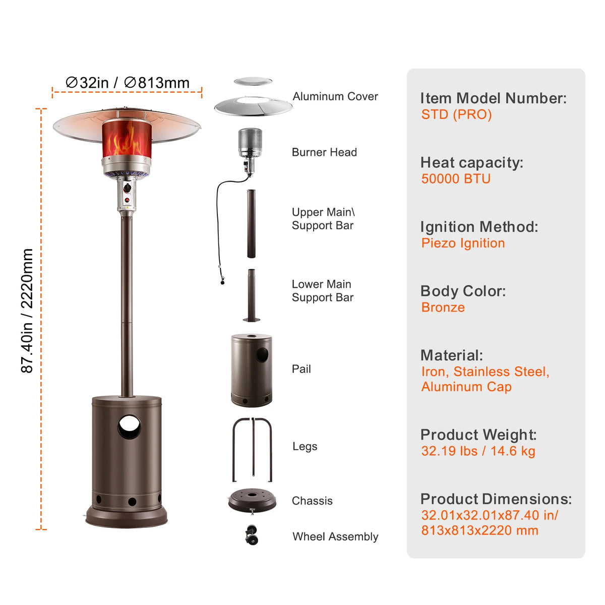 Patio Heater for Outdoor Use Tall Hammered With Round Table Design Metal Burner and Wheels Fixed Flame Heater for Patio