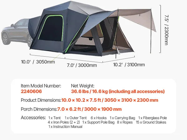 SUV Tent for Camping Waterproof PU2000mm Spacious Double Layer Design SUV Camping Tent with Shade Awning