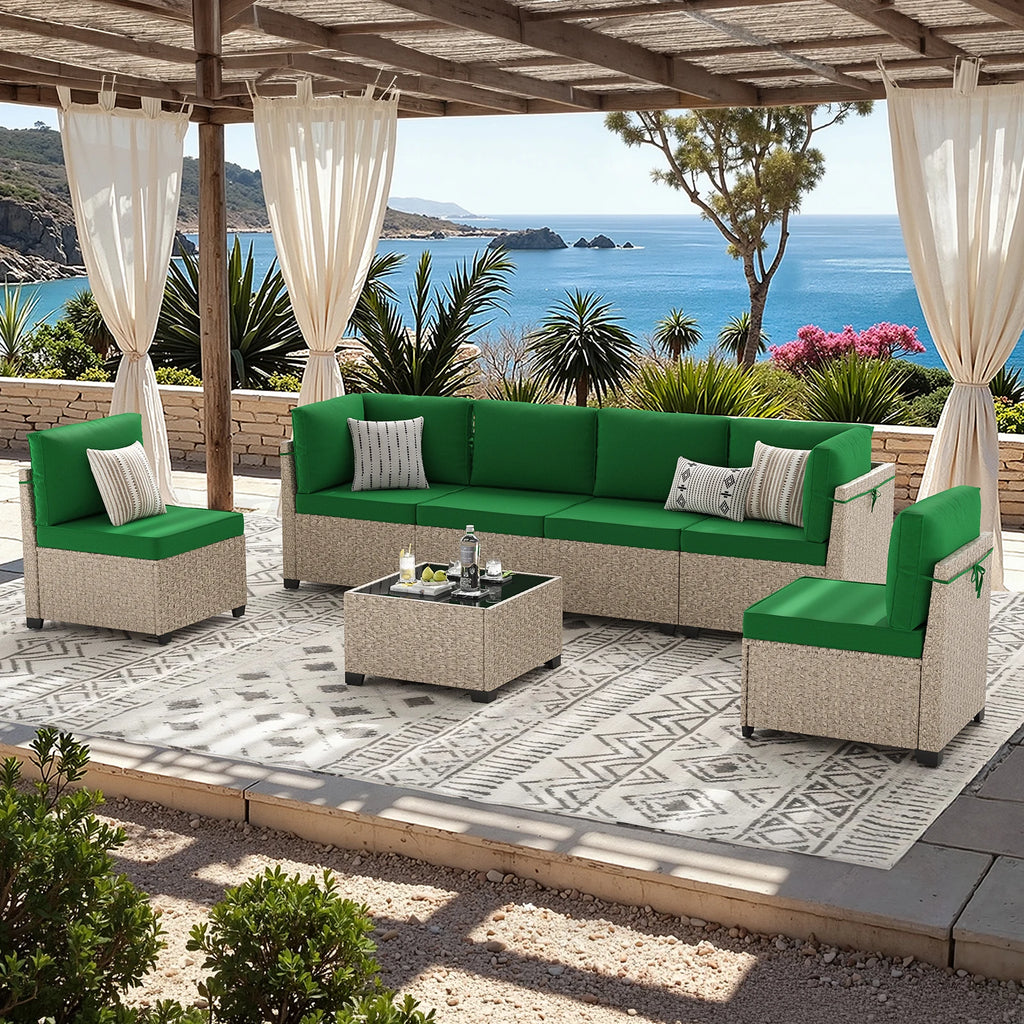 7-Piece Patio Furniture Set, Outdoor Rattan Sectional Sofa with Tempered Glass Table, All-Weather