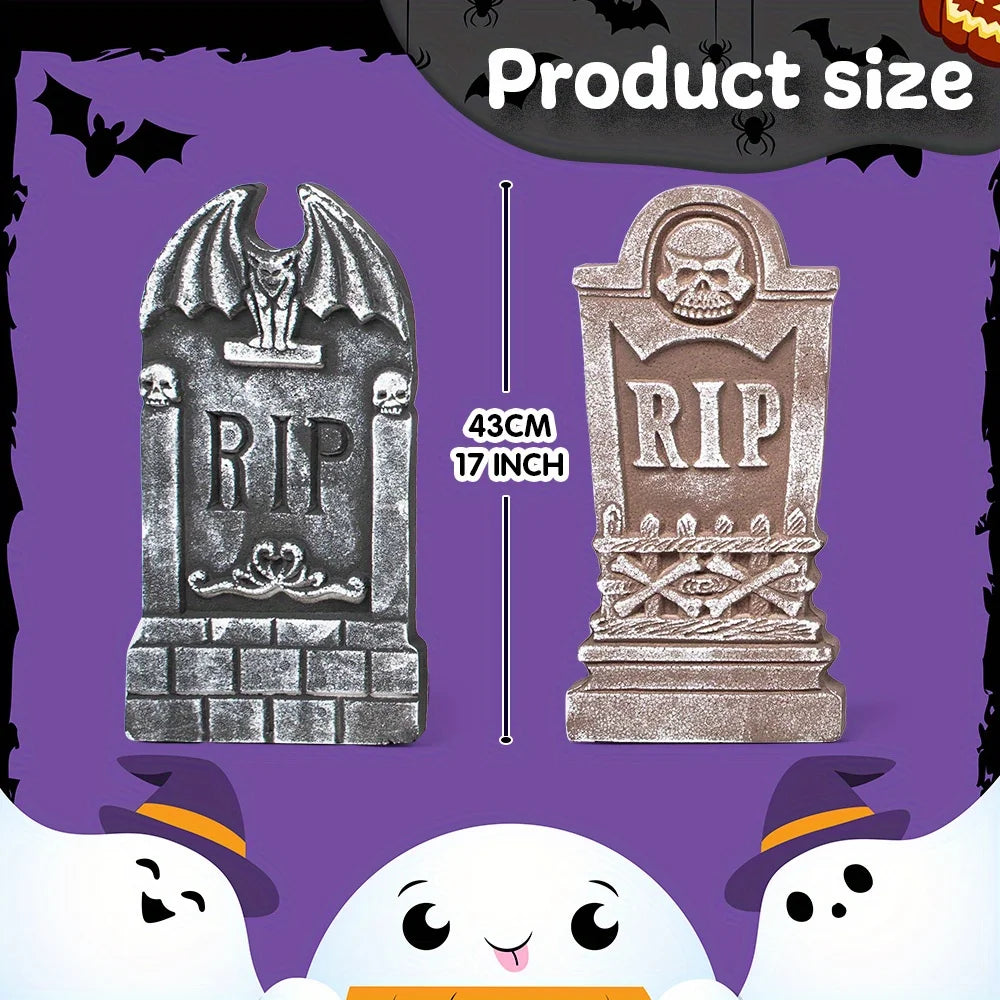 17'' Foam RIP Graveyard Tombstones Halloween Outdoor Decorations for Graves Decorations with 12 Metal Stakes for Cemetery Yard