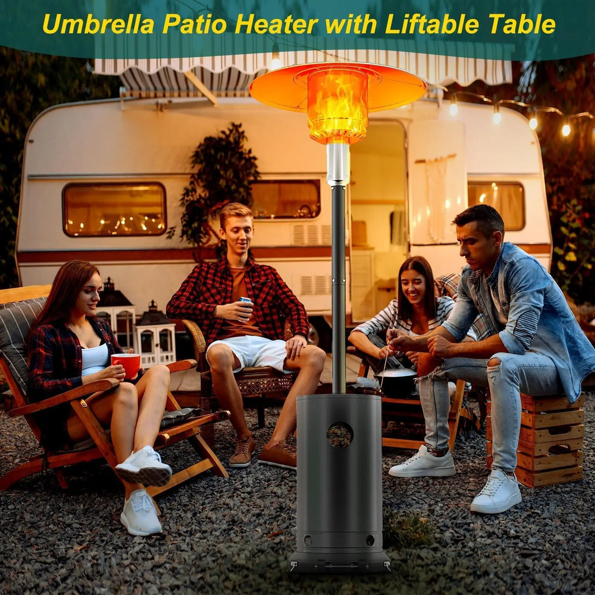 48000 BTU Propane Patio Heater Wind-Resistant Outdoor Heater With Triple Safety Protection Removable Wheels & Round Cover