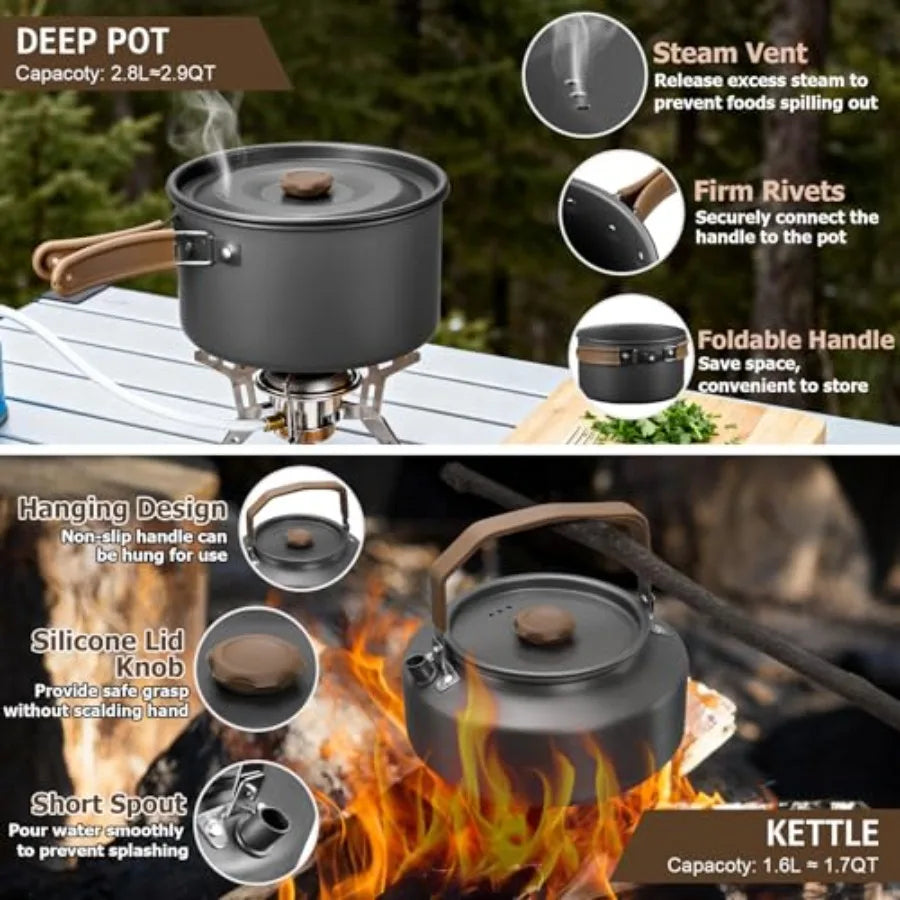 18Pcs Camping Cookware Mess Kit, 7.8" Nonstick Camp Cooking Utensil Set Pot, Pan, Kettle, Grill Grate, Outdoor Gear