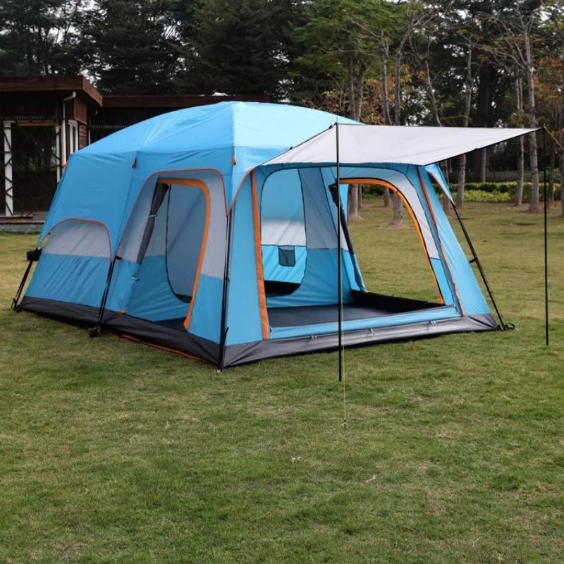 4/8/12-person outdoor family camping tent ; spacious interior ; mesh windows provide ventilation; windproof, waterproof