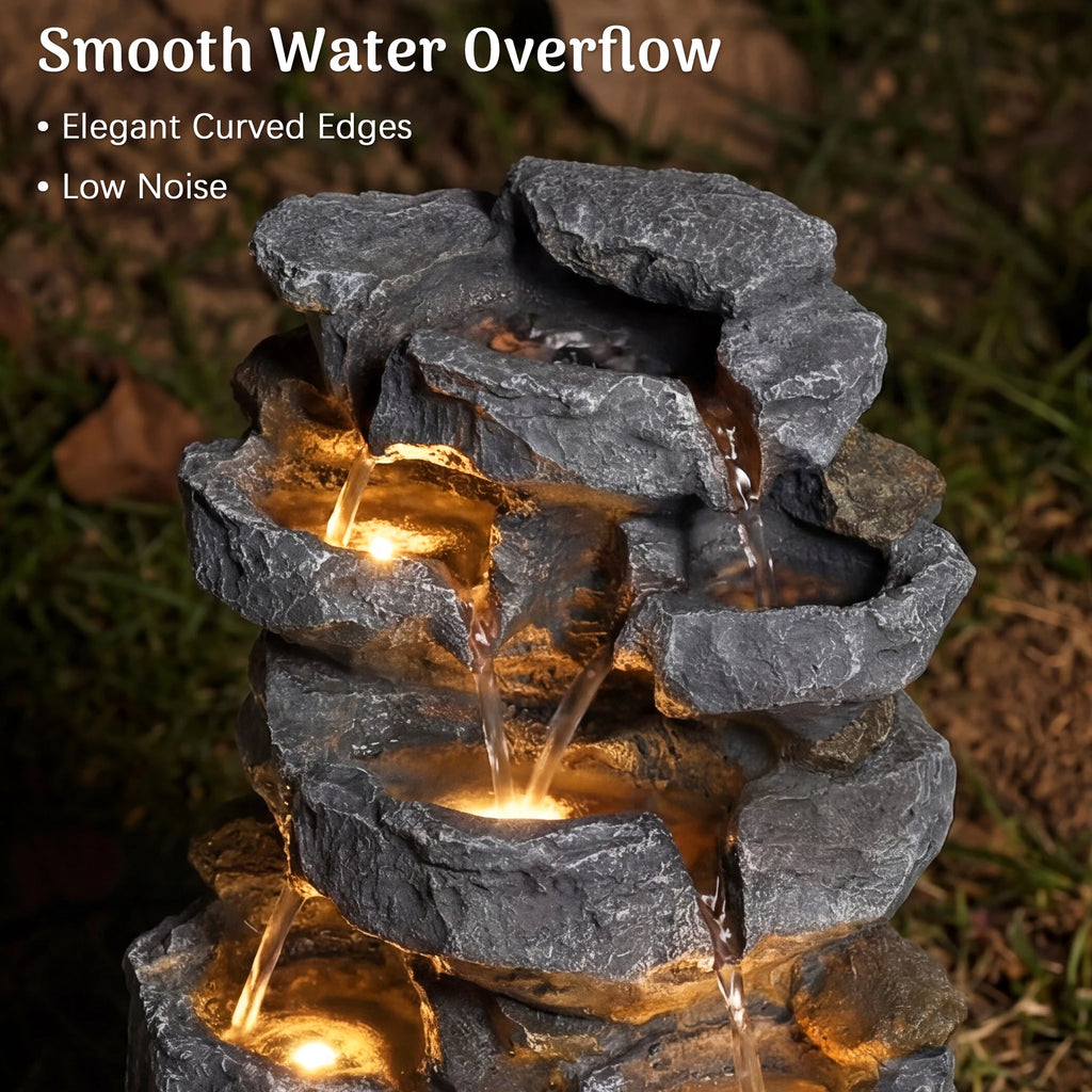 5-Tier Cascading Rock Water Fountain with LED Lights & Adjustable Water Flow, Waterfall Feature for Patio, Backyard
