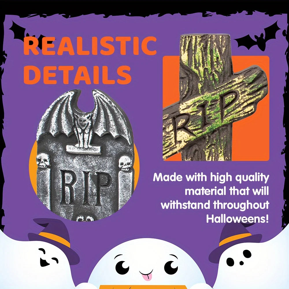 17'' Foam RIP Graveyard Tombstones Halloween Outdoor Decorations for Graves Decorations with 12 Metal Stakes for Cemetery Yard