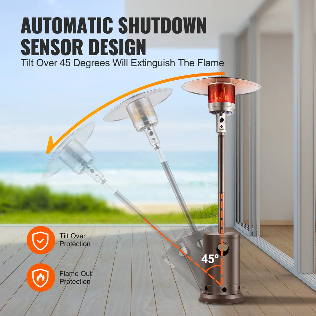 Patio Heater for Outdoor Use Tall Hammered With Round Table Design Metal Burner and Wheels Fixed Flame Heater for Patio
