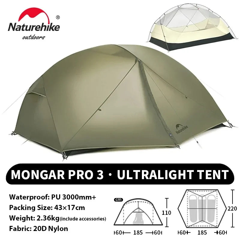 Mongar PRO Ultralight 1/2/3 Person Tent Camping Outdoor Waterproof 20D Nylon Backpacking Travel Cycling Tent