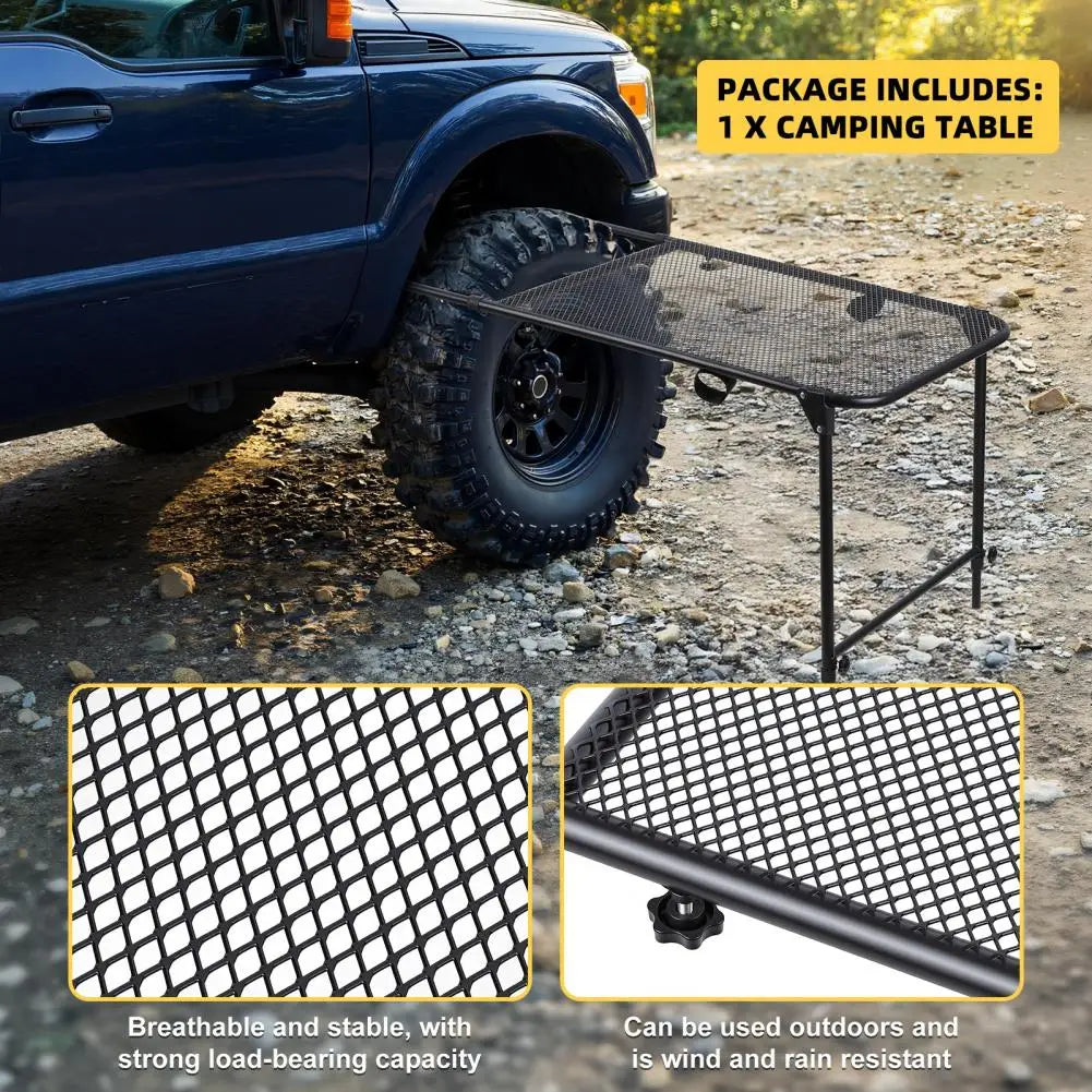 Tire Mount Camping Desk Adjustable Steel Folding Table for Tailgate Picnic Outdoor No Tool Installation Fits Car SUV Tire