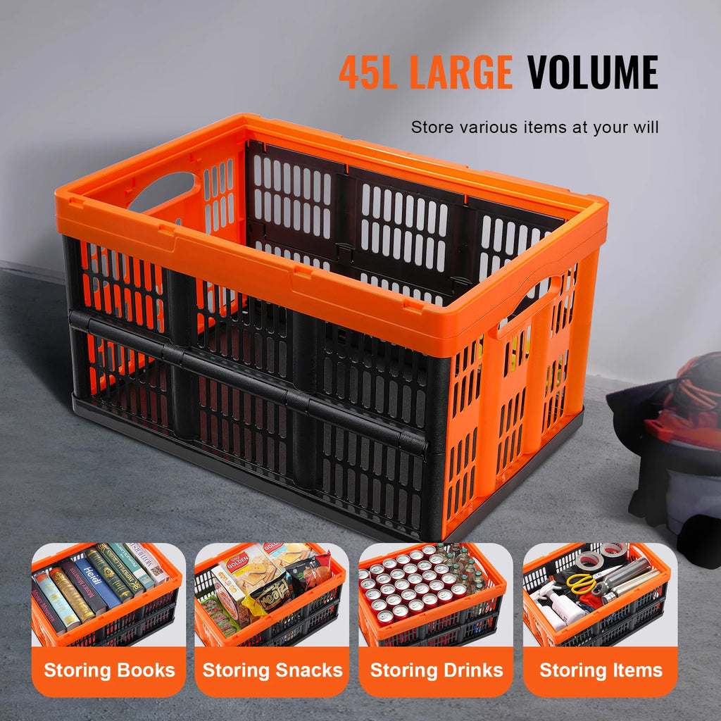 45L 3/6 Pack Plastic Collapsible/Folding Storage Basket with Handles Stackable