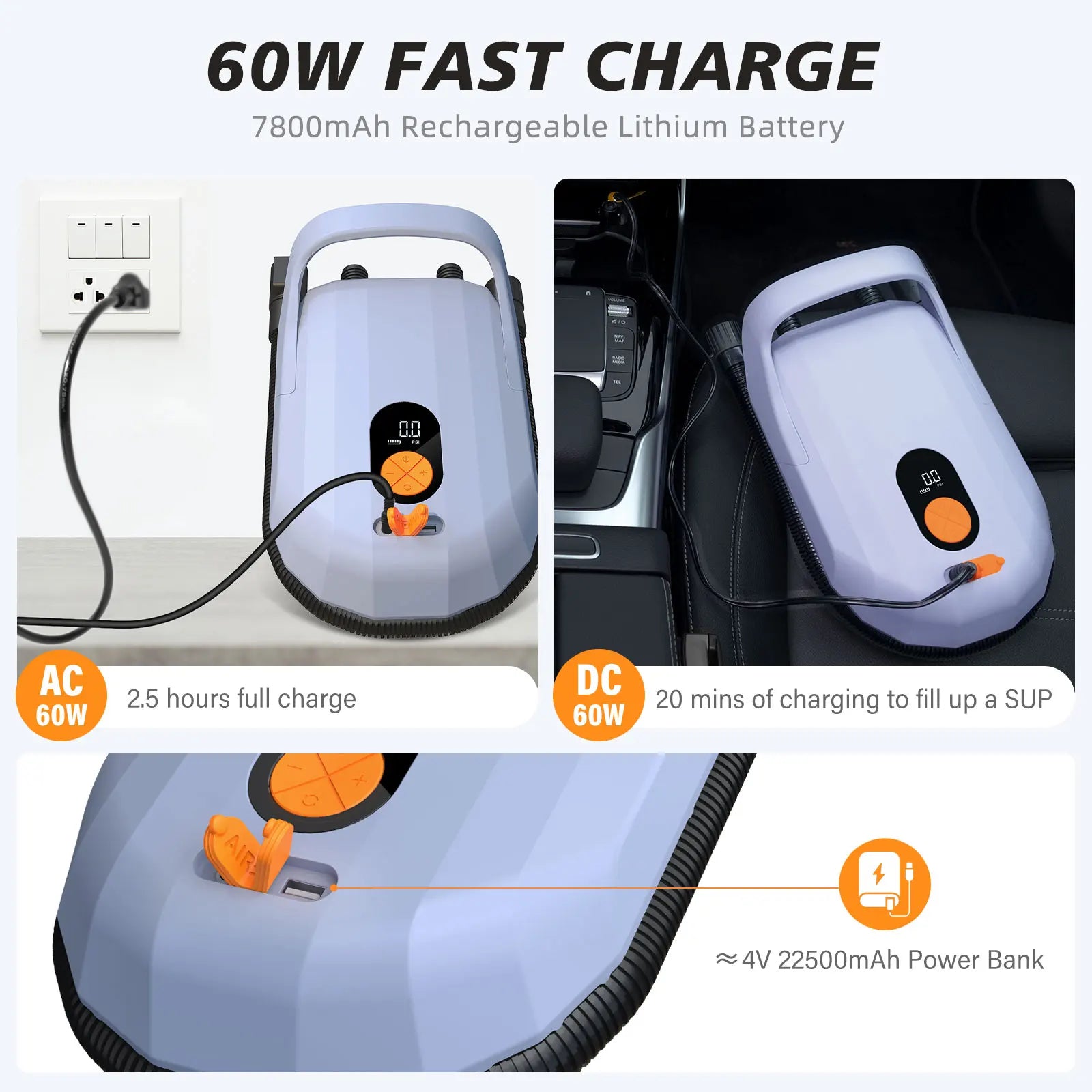 SUP Electric Air Pump with Battery 5200mAh 18.5V 20 PSI Max Rechargeable Battery Pump for Boards