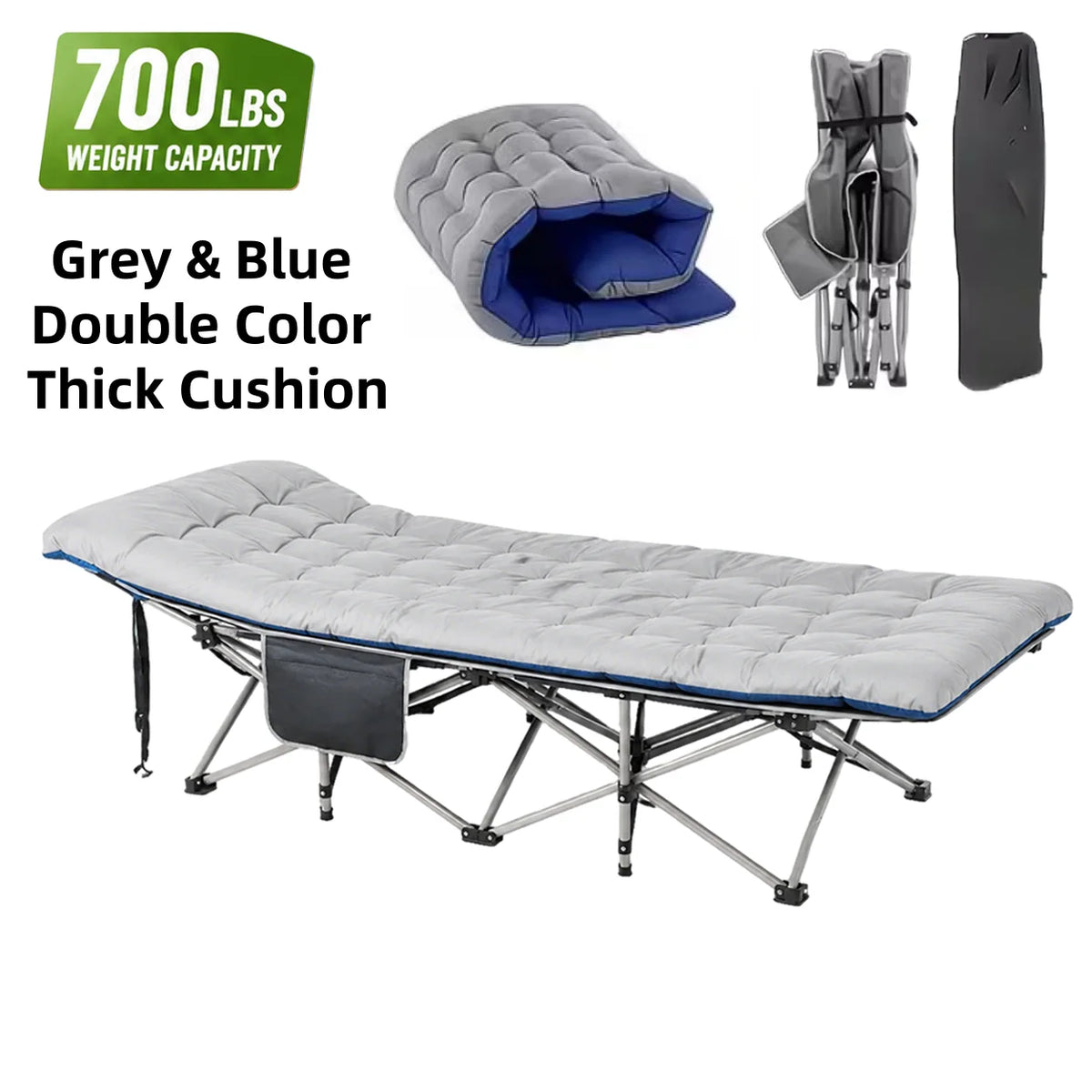 Portable Folding Camping Cot with Thick Mattress – Extra Wide Outdoor Bed with Side Pocket Heavy Duty Steel Frame for Tent, Hiking