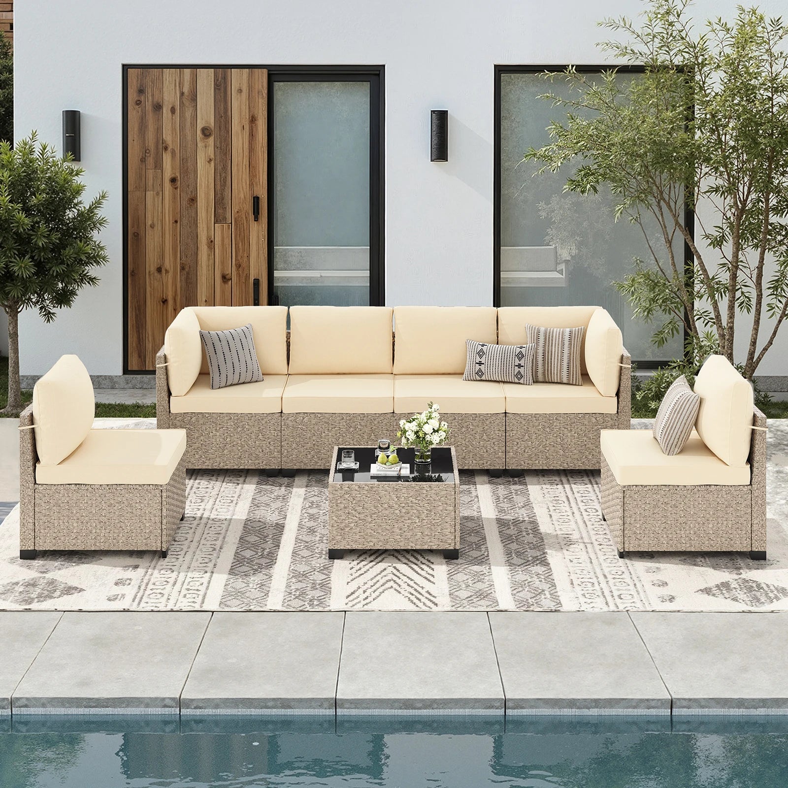 7-Piece Patio Furniture Set, Outdoor Rattan Sectional Sofa with Tempered Glass Table, All-Weather