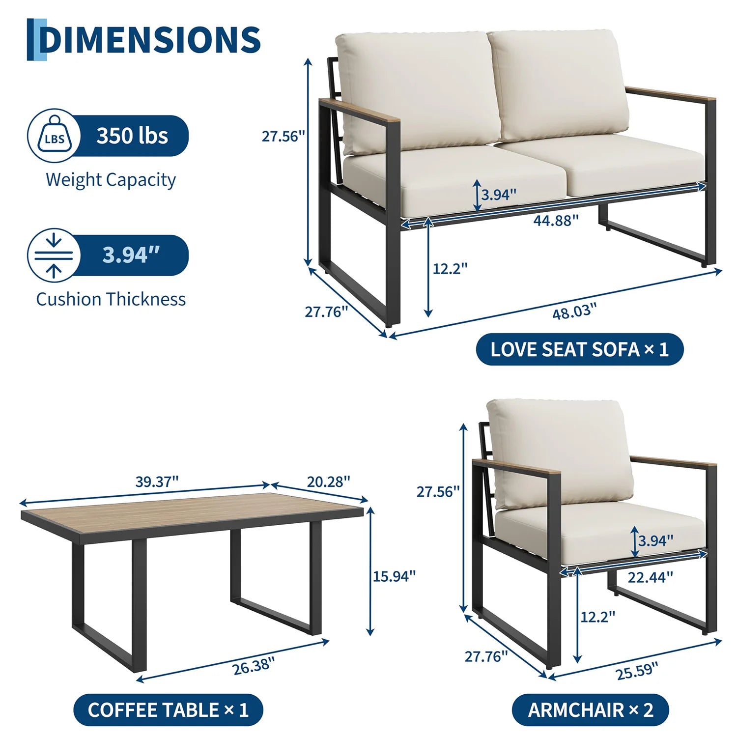 4-Piece Patio Furniture Set Outdoor Conversation Sectional Sofa With Coffee Table Thick Washable Cushions