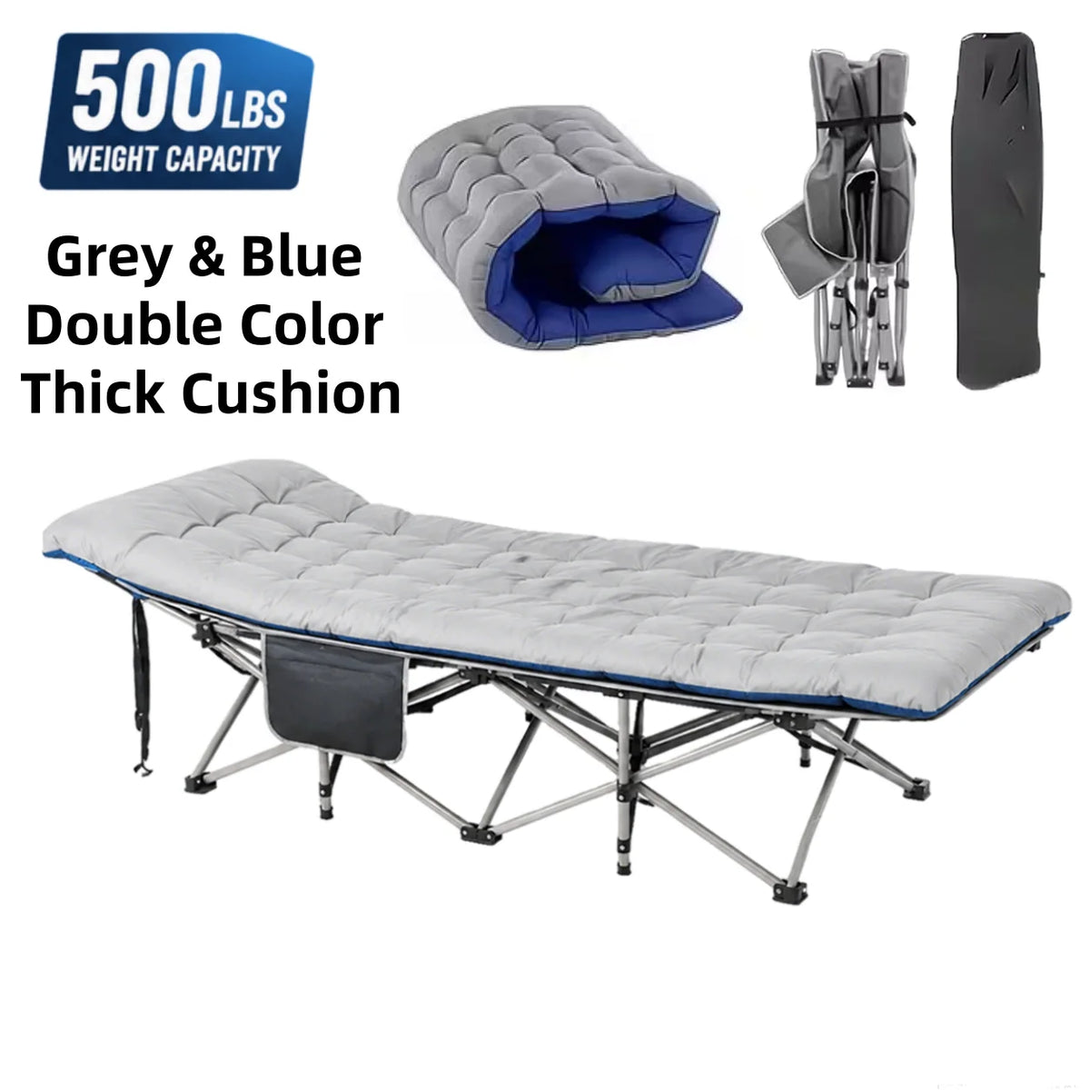 Portable Folding Camping Cot with Thick Mattress – Extra Wide Outdoor Bed with Side Pocket Heavy Duty Steel Frame for Tent, Hiking