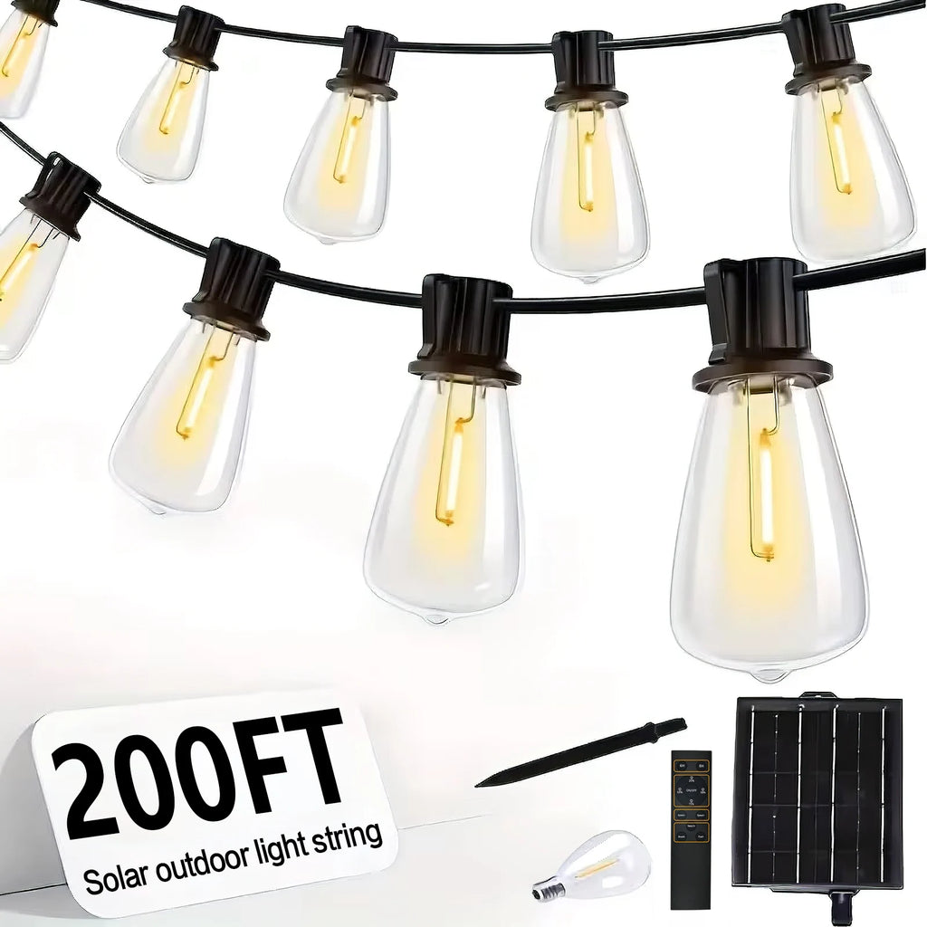200FT ST38 Solar String Lights, 2700K Warm White, Black Wire, E12, Solar Powered Waterproof Outdoor Patio Lights