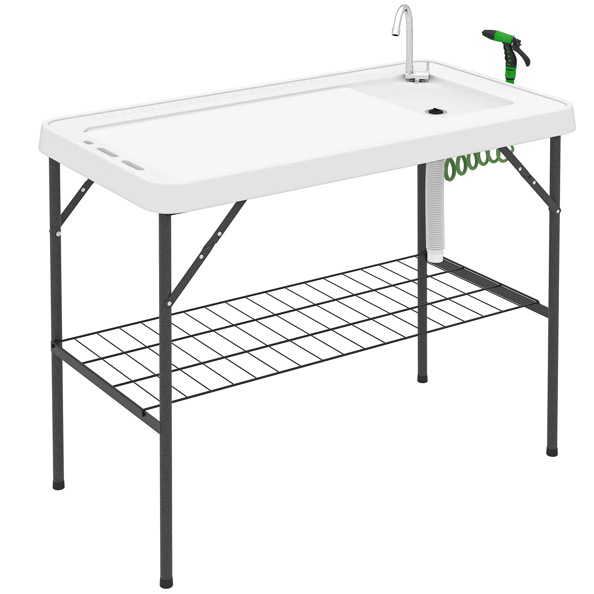 Folding Fish Cleaning Table with Sink, Faucet, Sprayer, White